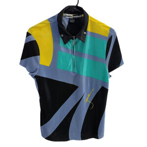 Jamie Sadock Golf Top Womens Large Shirt Short Sleeve Signed Abstract Pleat Art
